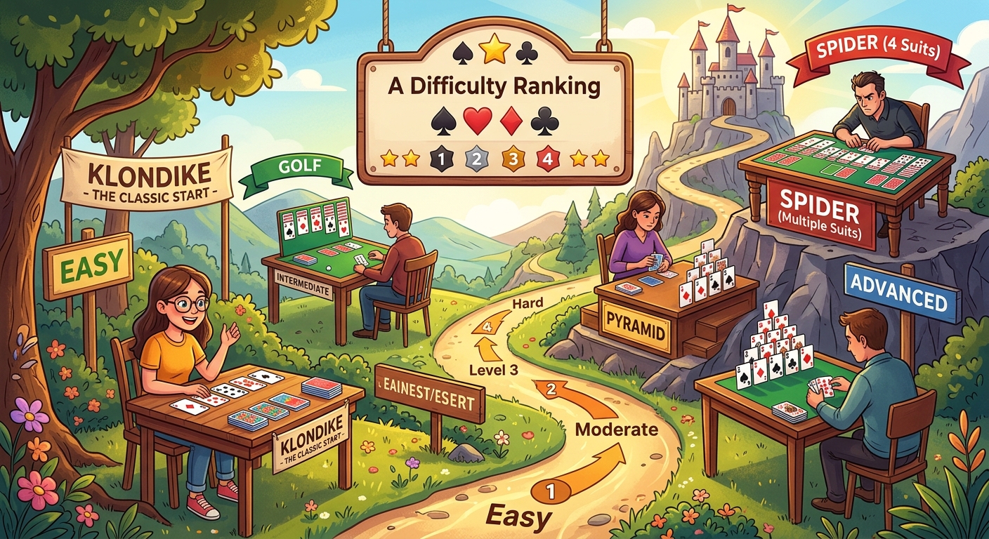 A Difficulty Ranking of Popular Solitaire Games for Beginners
